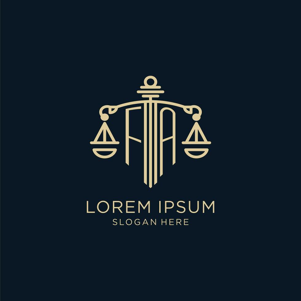 Initial FA logo with shield and scales of justice, luxury and modern law firm logo design vector