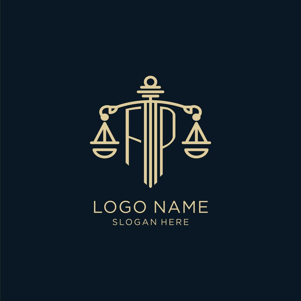 Initial FP logo with shield and scales of justice, luxury and modern law firm logo design vector