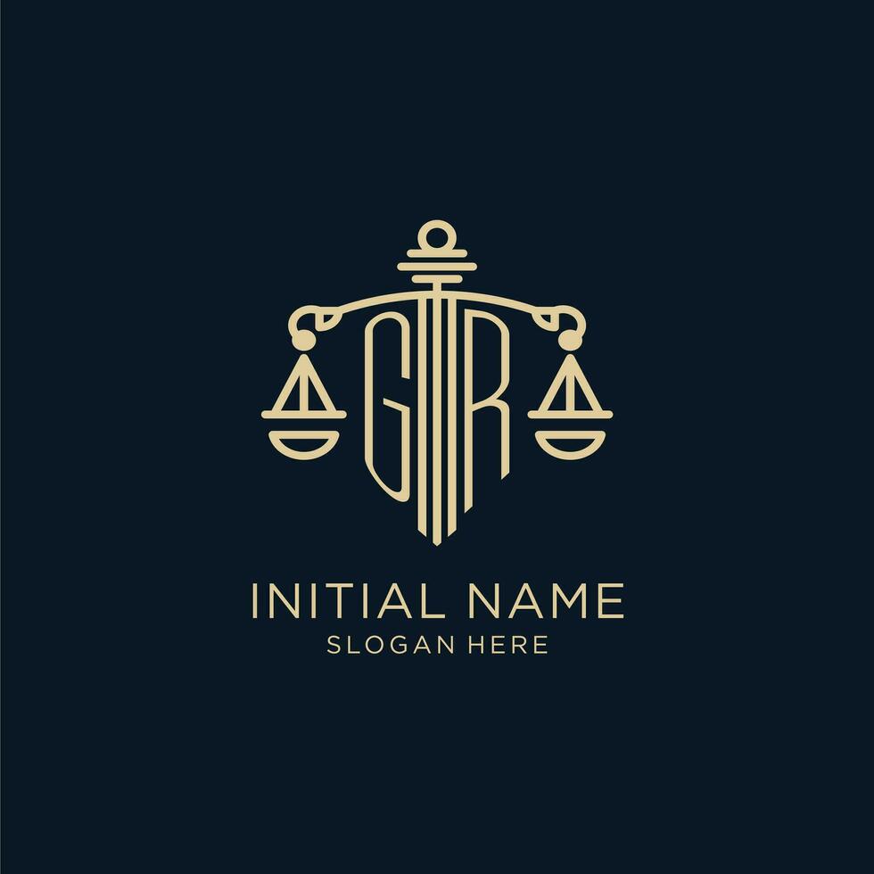 Initial GR logo with shield and scales of justice, luxury and modern law firm logo design vector