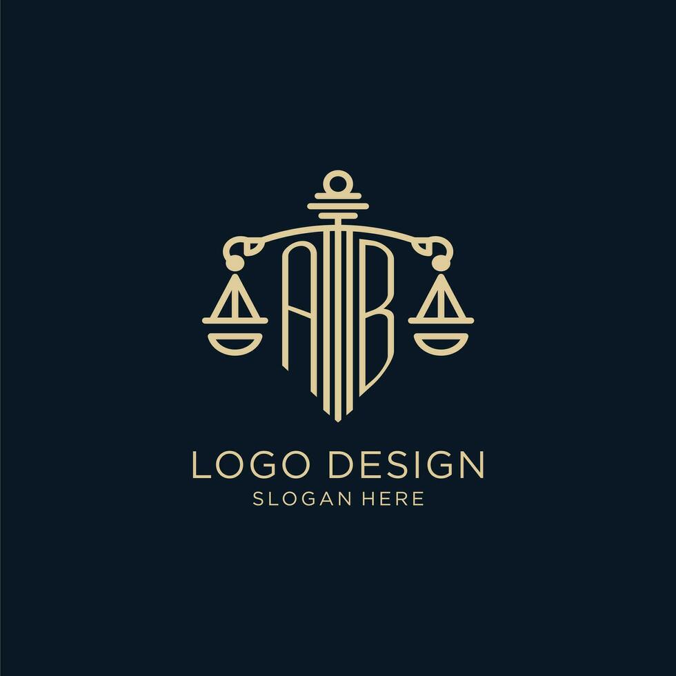 Initial AB logo with shield and scales of justice, luxury and modern law firm logo design vector