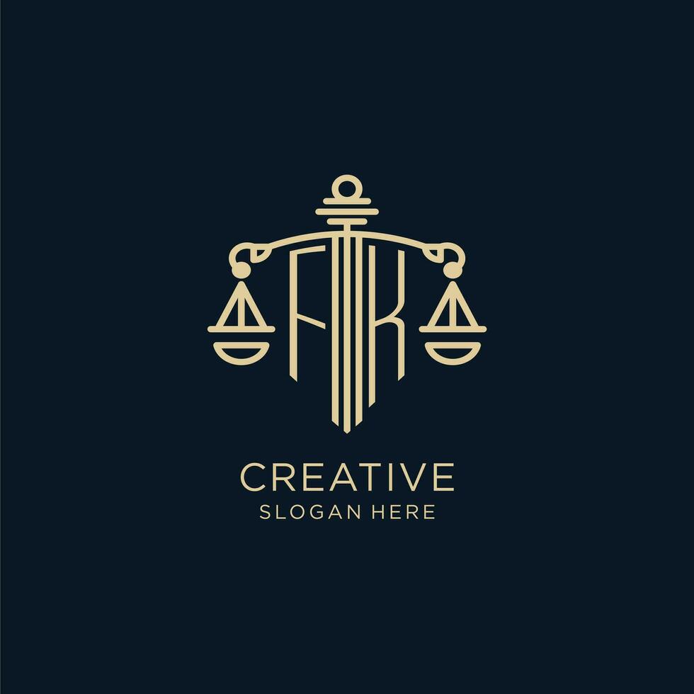 Initial FK logo with shield and scales of justice, luxury and modern law firm logo design vector