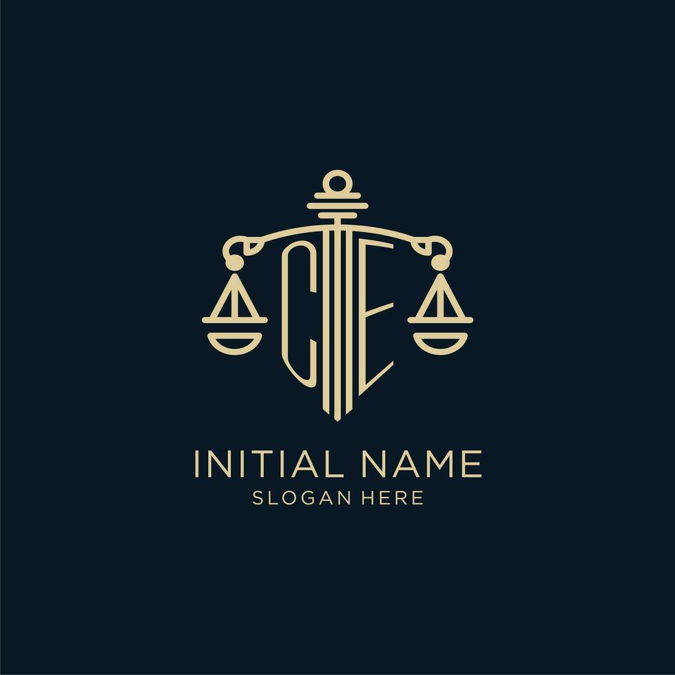 Initial CE logo with shield and scales of justice, luxury and modern law firm logo design vector