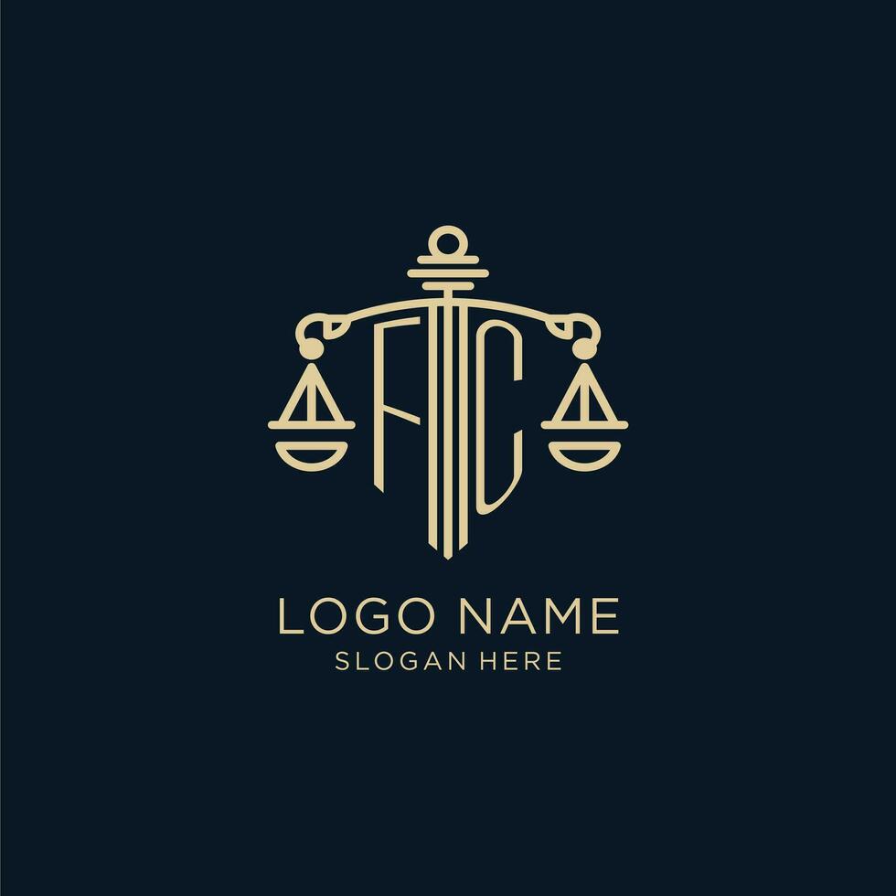 Initial FC logo with shield and scales of justice, luxury and modern law firm logo design vector