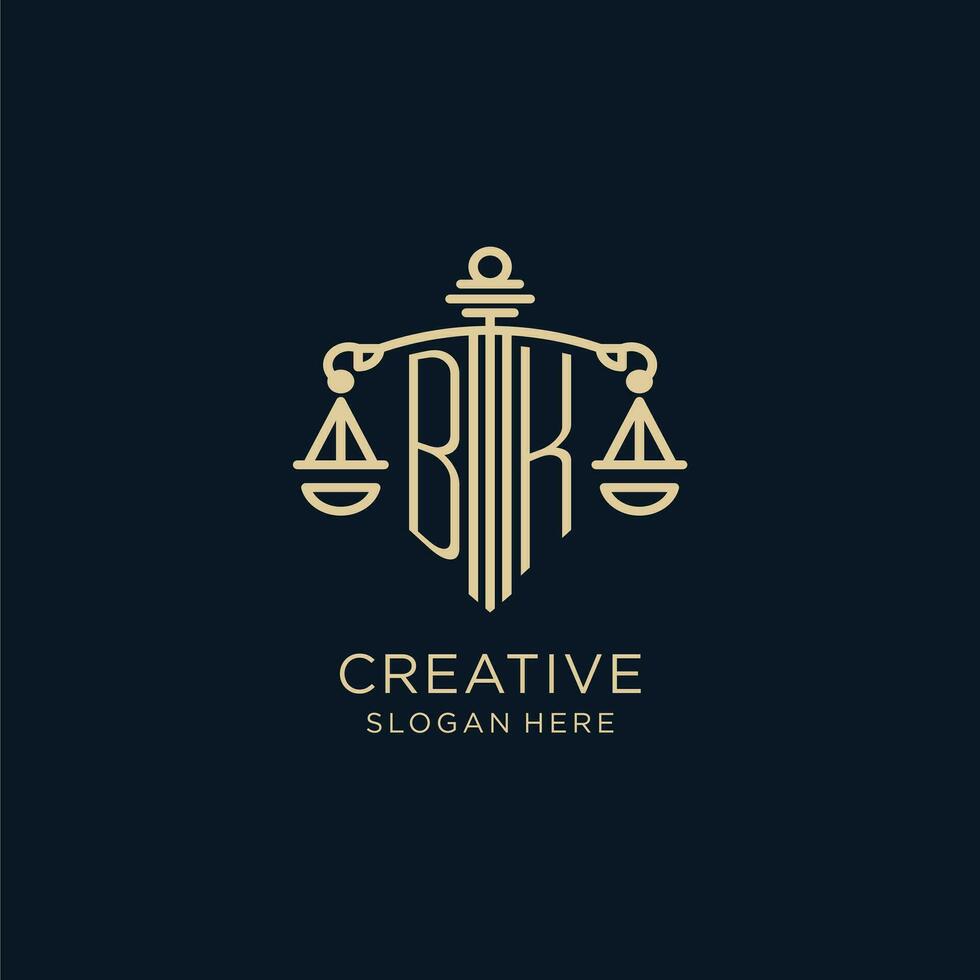 Initial BK logo with shield and scales of justice, luxury and modern law firm logo design vector