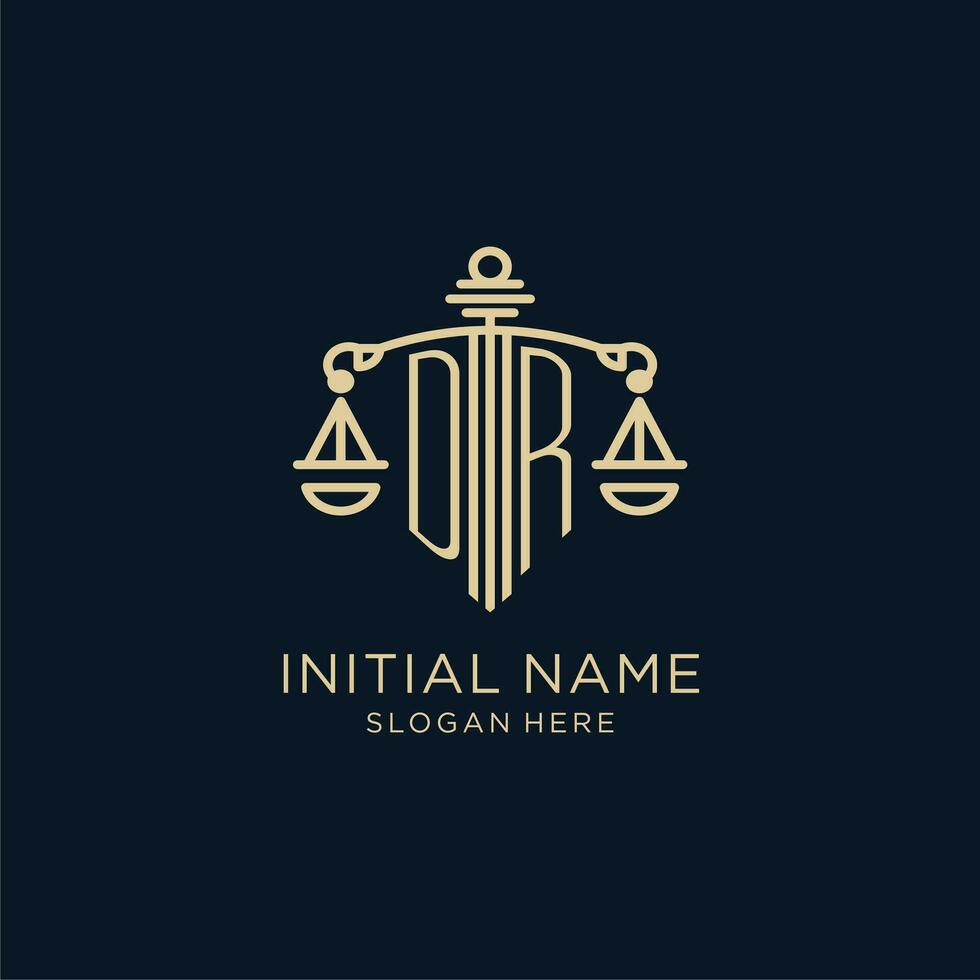 Initial DR logo with shield and scales of justice, luxury and modern law firm logo design vector