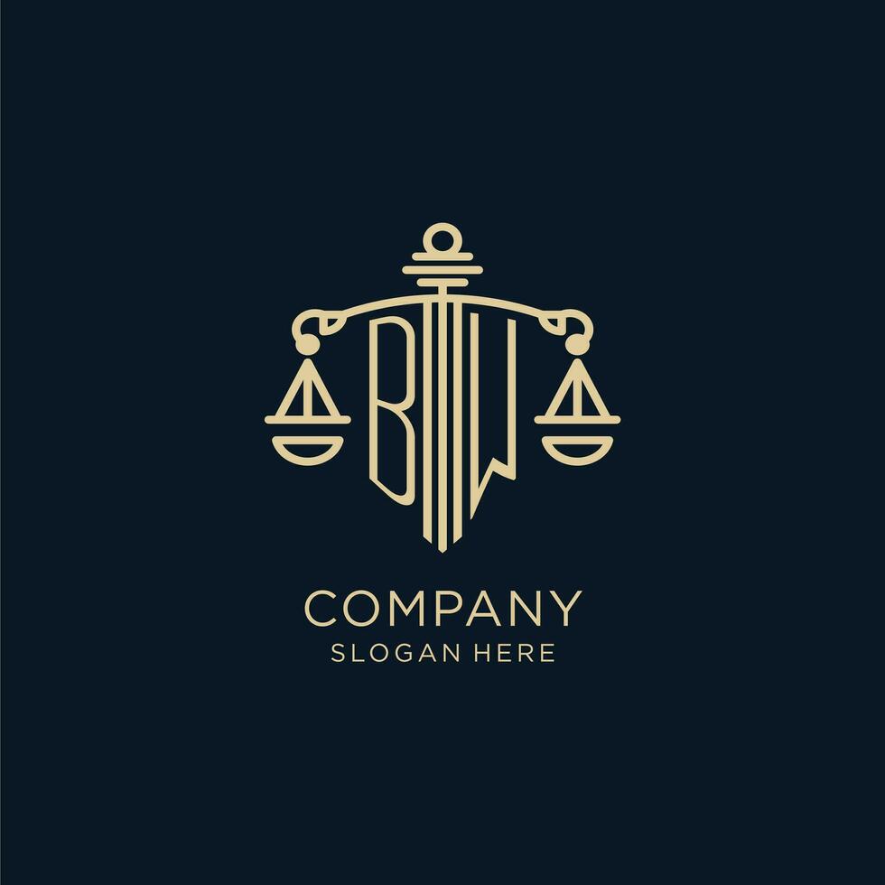 Initial BW logo with shield and scales of justice, luxury and modern law firm logo design vector