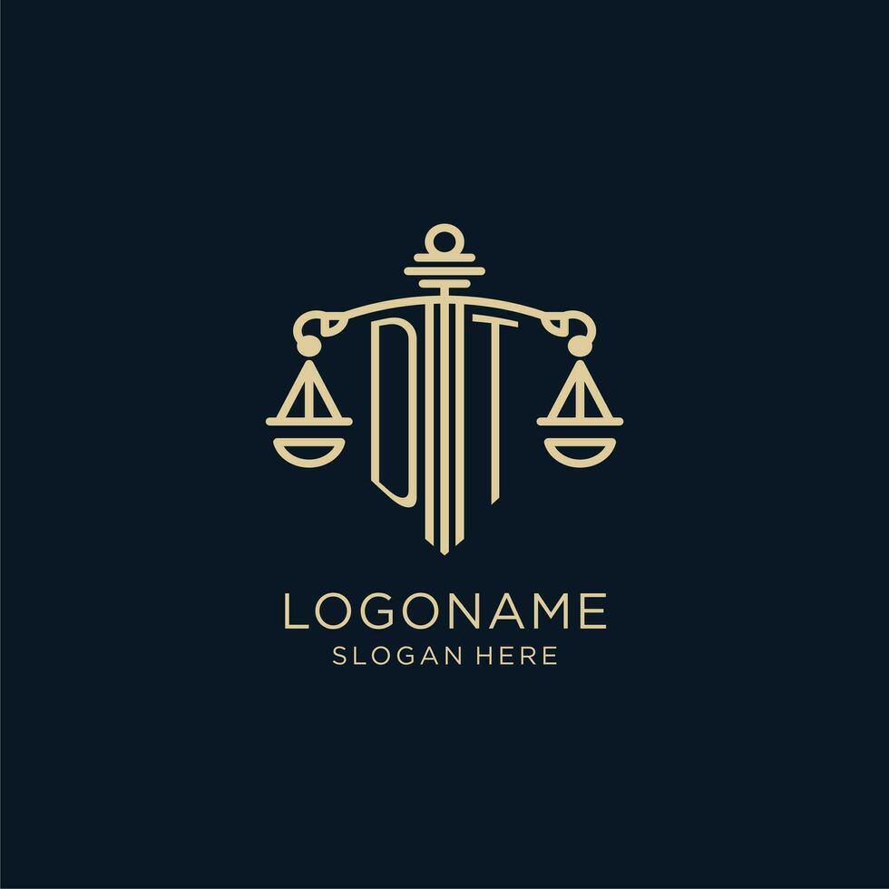 Initial DT logo with shield and scales of justice, luxury and modern law firm logo design vector