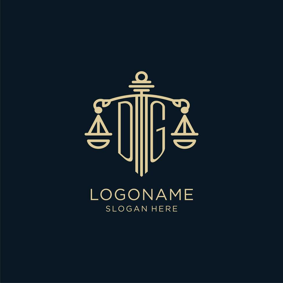 Initial DG logo with shield and scales of justice, luxury and modern law firm logo design vector