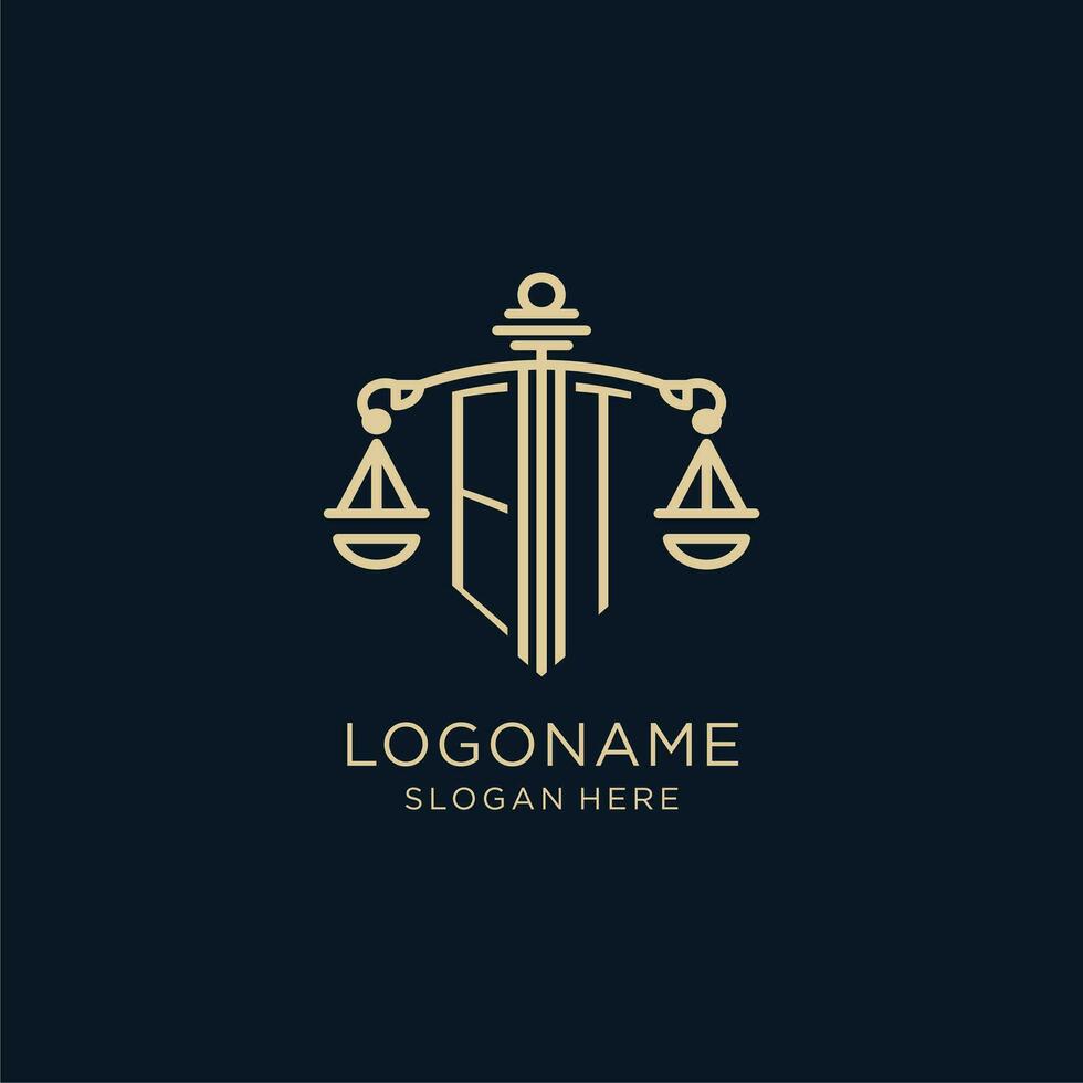 Initial ET logo with shield and scales of justice, luxury and modern law firm logo design vector