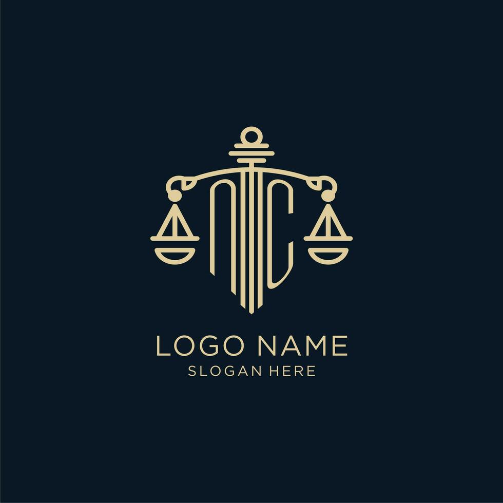 Initial NC logo with shield and scales of justice, luxury and modern law firm logo design vector