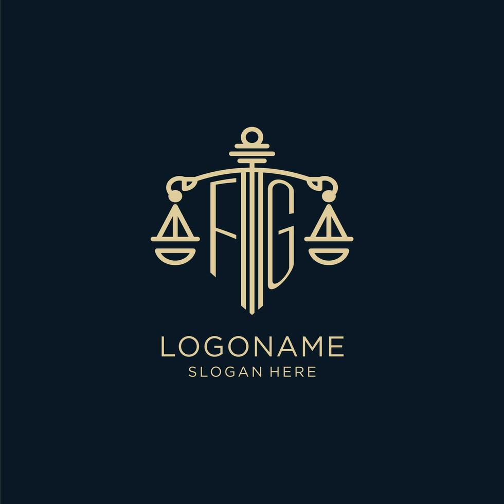 Initial FG logo with shield and scales of justice, luxury and modern law firm logo design vector