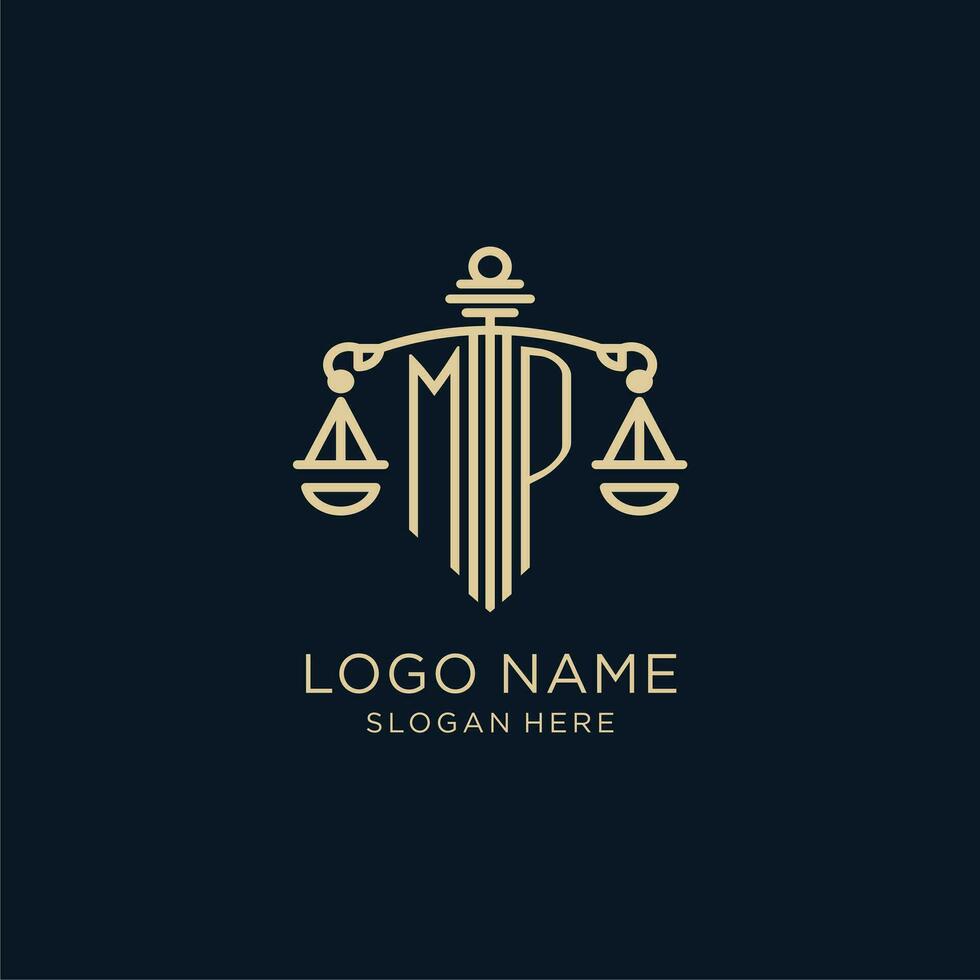 Initial MP logo with shield and scales of justice, luxury and modern law firm logo design vector