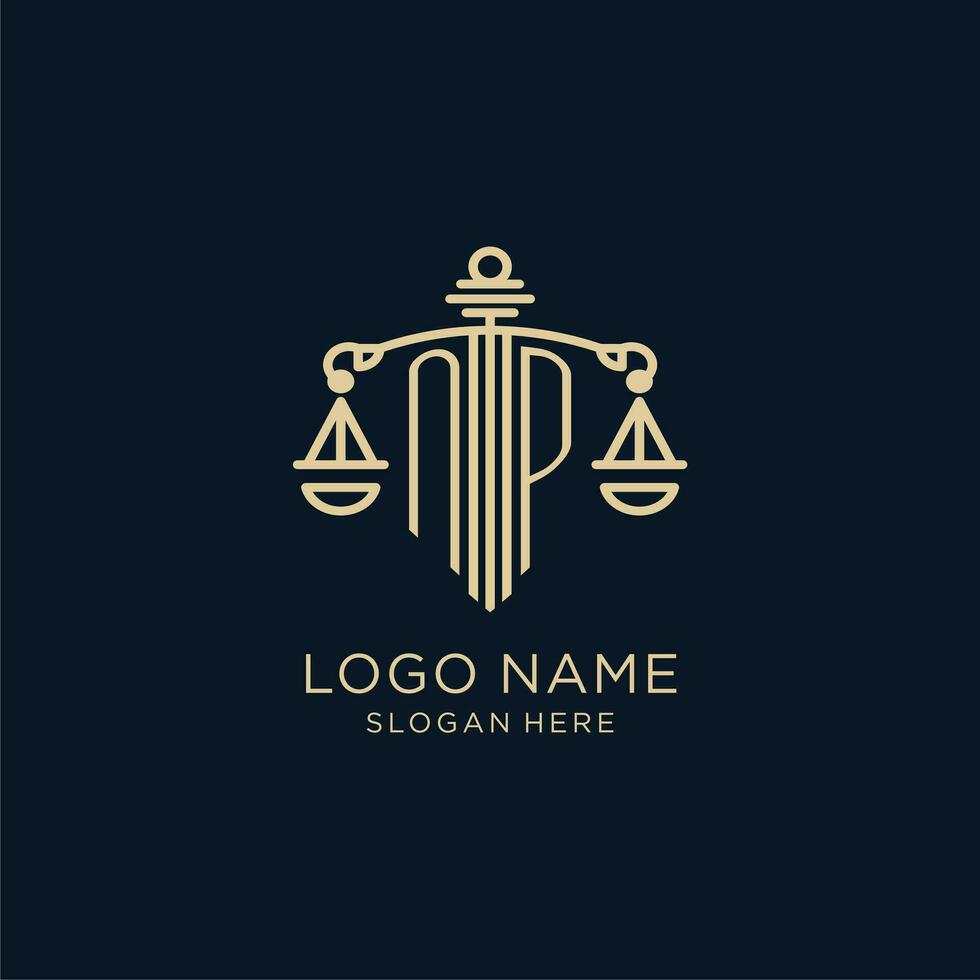 Initial NP logo with shield and scales of justice, luxury and modern law firm logo design vector