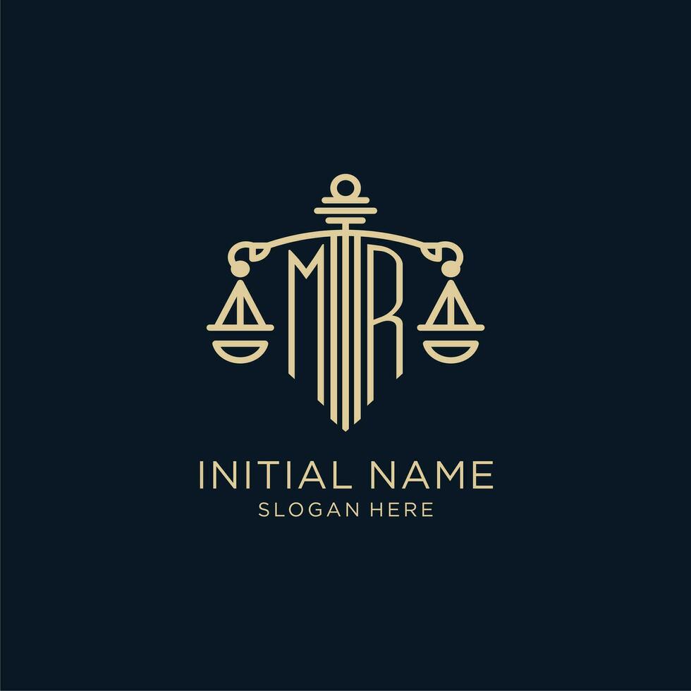 Initial MR logo with shield and scales of justice, luxury and modern law firm logo design vector