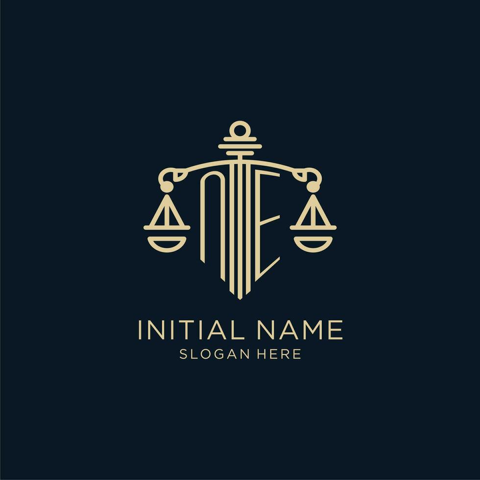 Initial NE logo with shield and scales of justice, luxury and modern law firm logo design vector