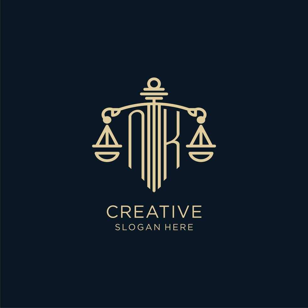 Initial NK logo with shield and scales of justice, luxury and modern law firm logo design vector