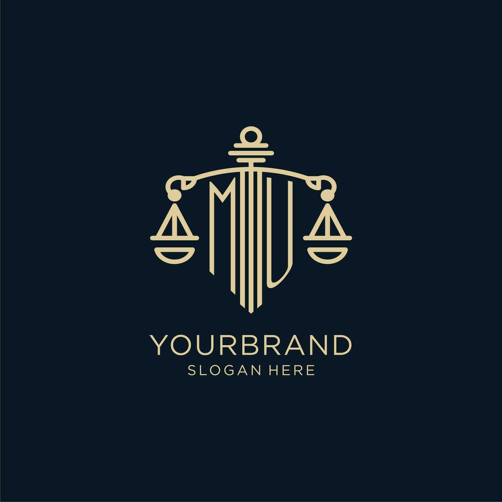 Initial MU logo with shield and scales of justice, luxury and modern law firm logo design vector