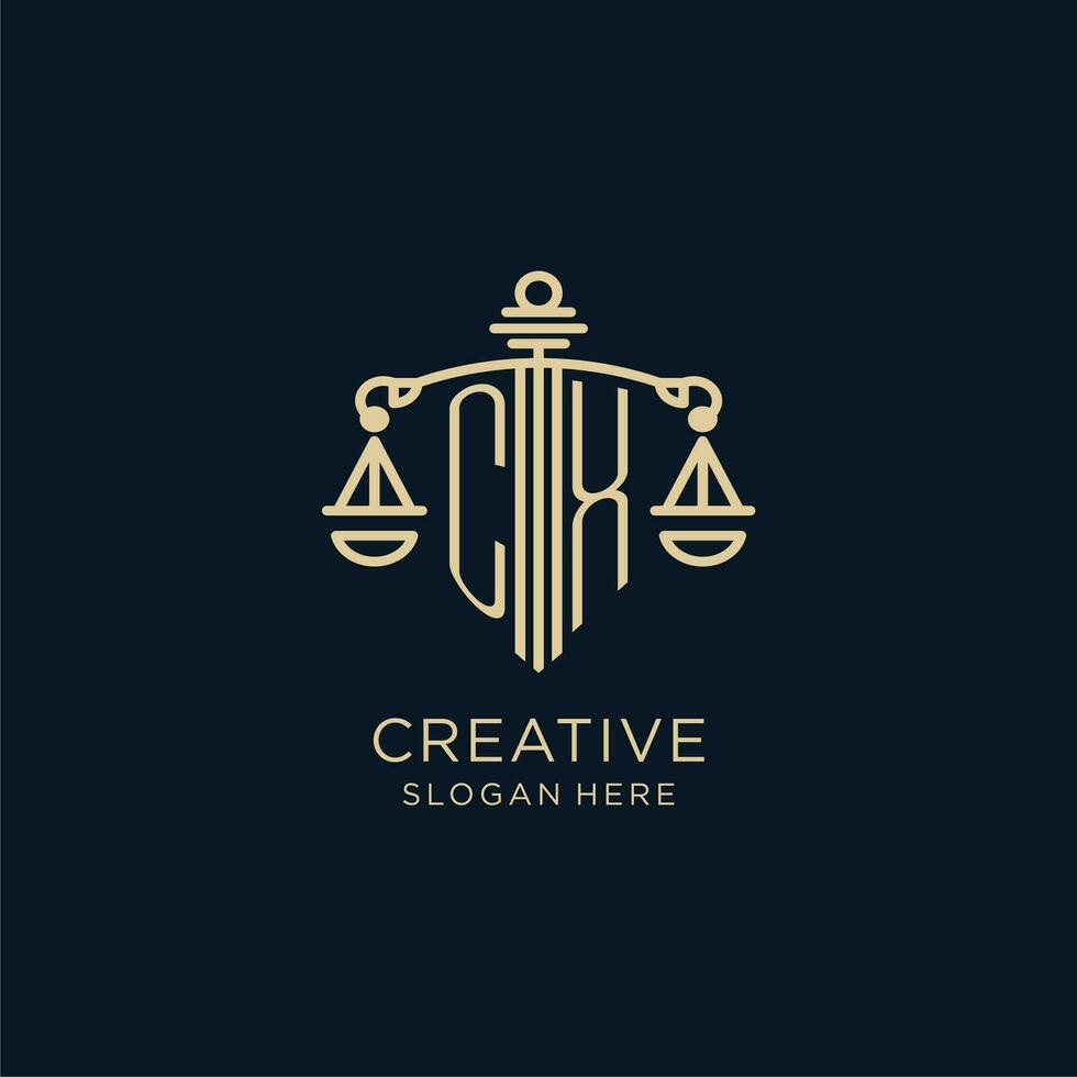 Initial CX logo with shield and scales of justice, luxury and modern law firm logo design vector