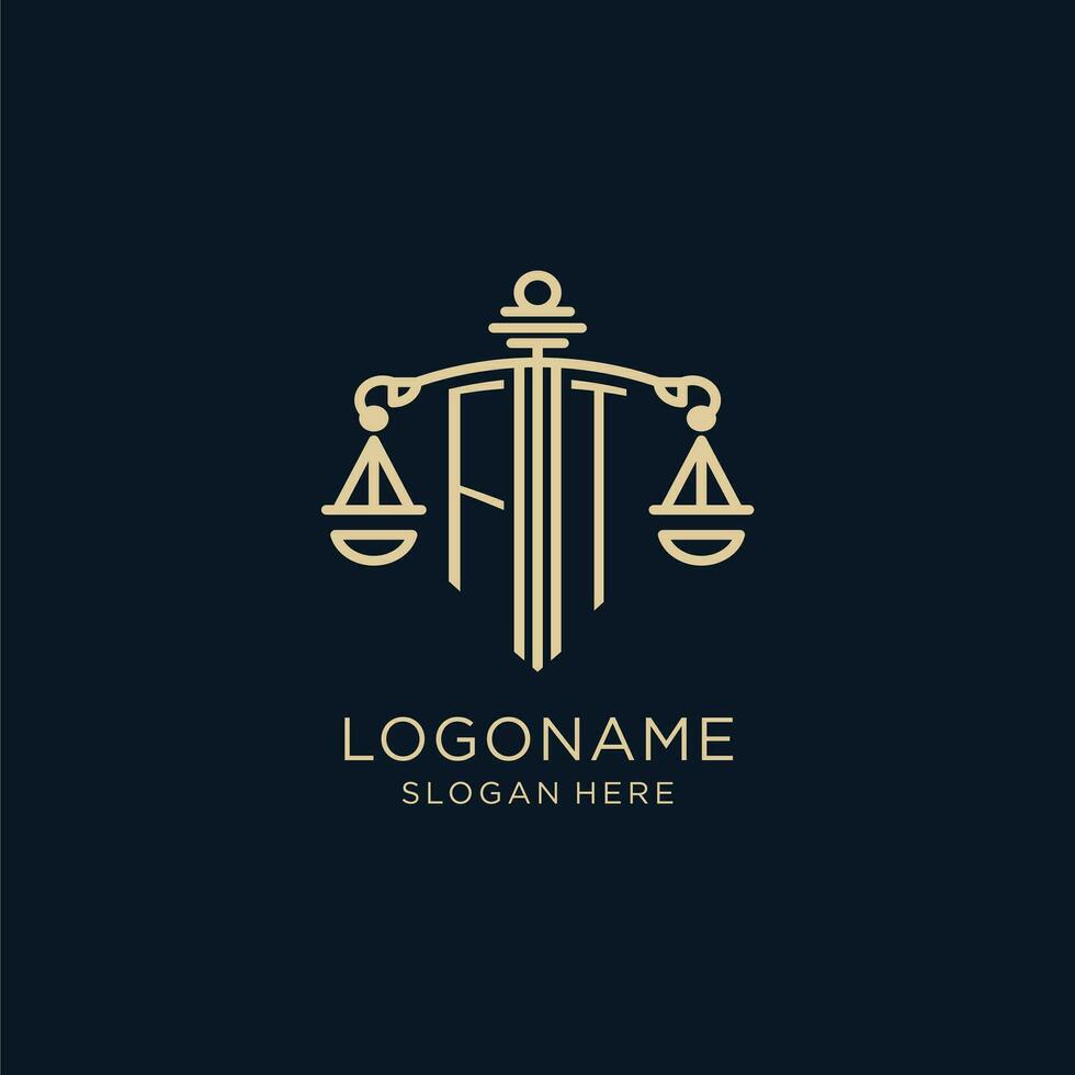 Initial FT logo with shield and scales of justice, luxury and modern law firm logo design vector