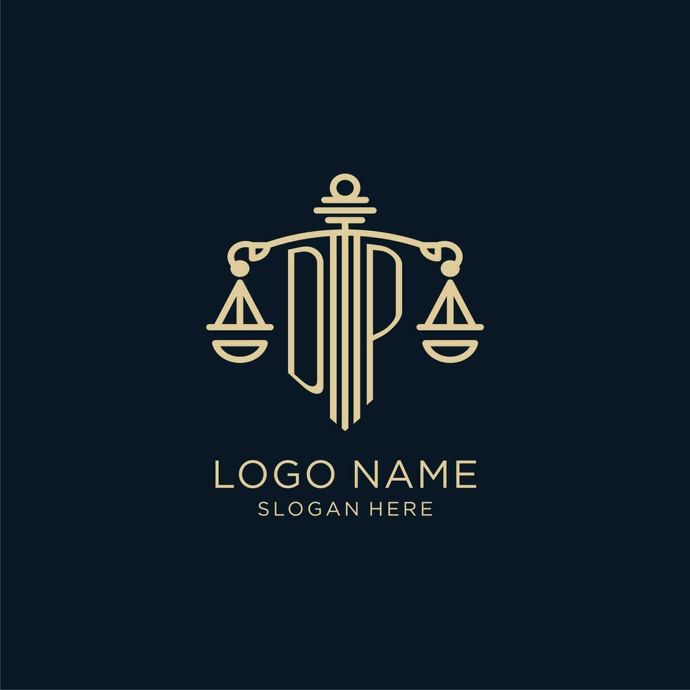 Initial DP logo with shield and scales of justice, luxury and modern law firm logo design vector