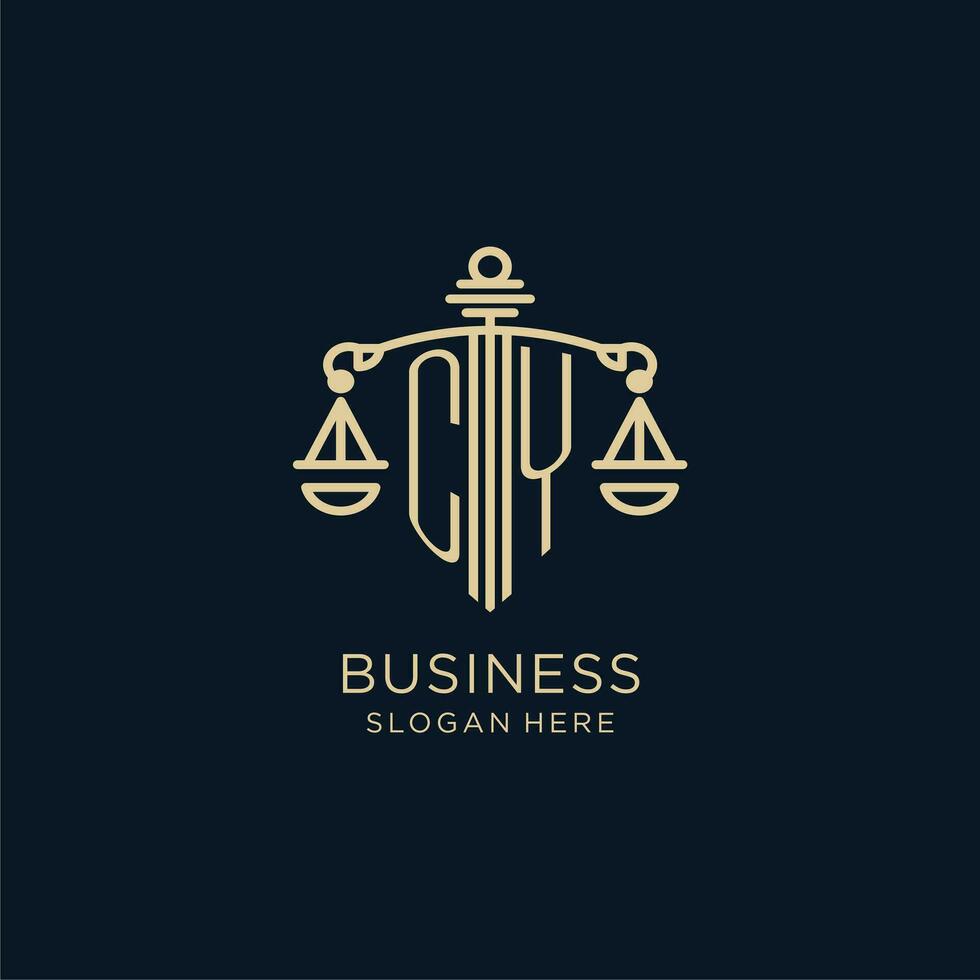 Initial CY logo with shield and scales of justice, luxury and modern law firm logo design vector