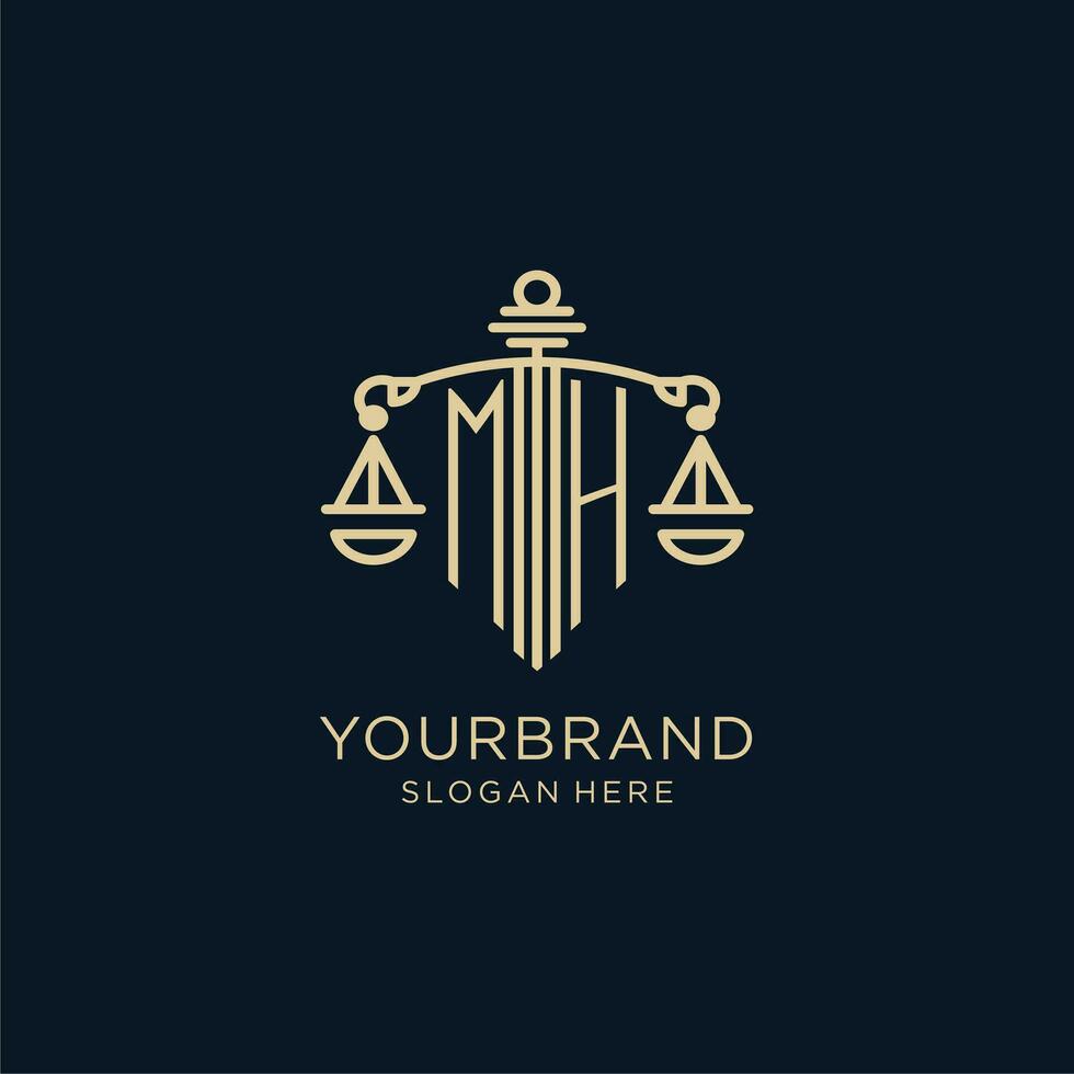 Initial MH logo with shield and scales of justice, luxury and modern law firm logo design vector