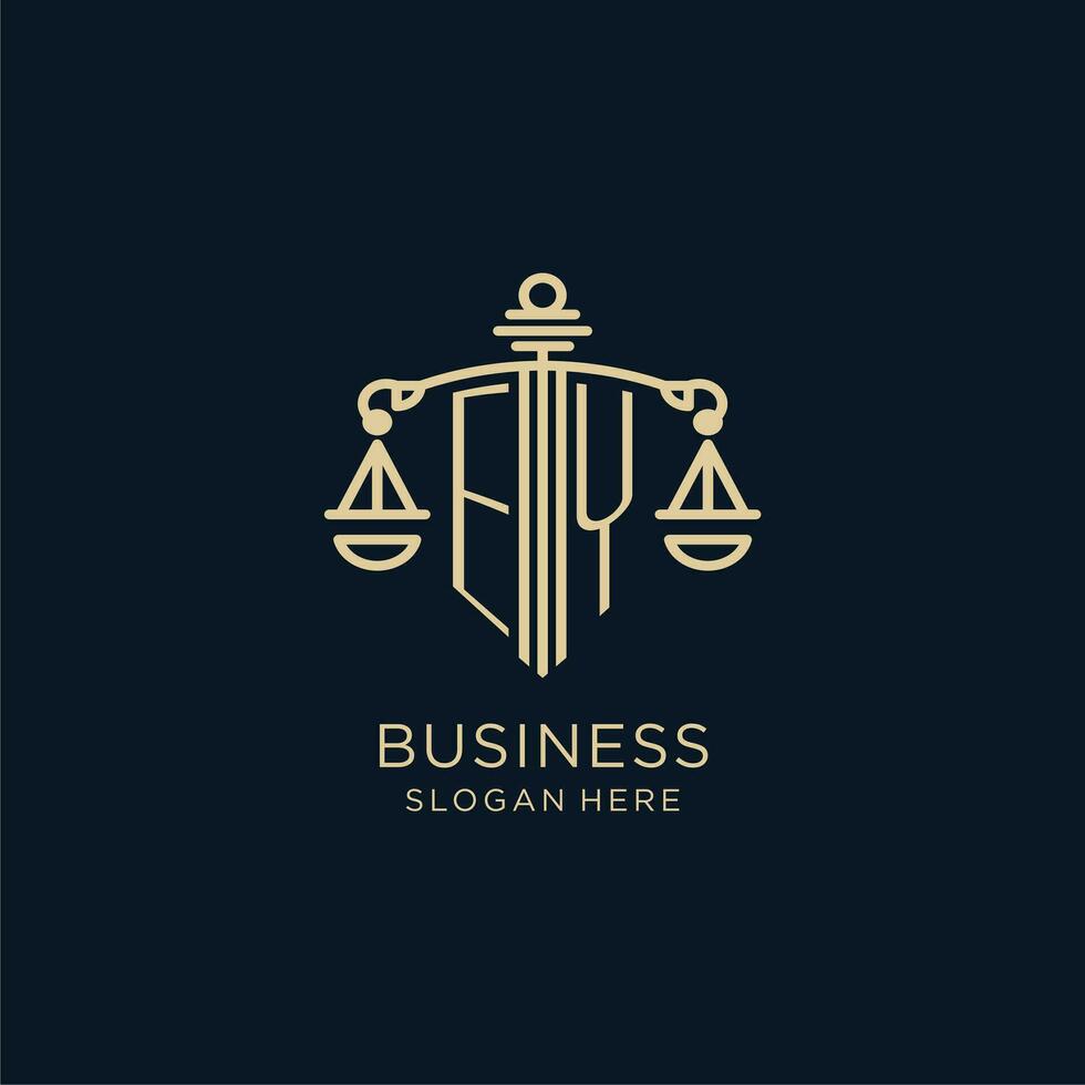 Initial EY logo with shield and scales of justice, luxury and modern law firm logo design vector