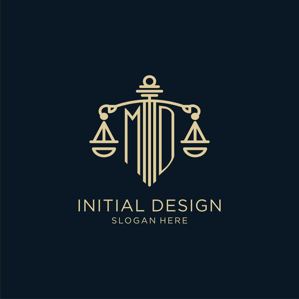 Initial MD logo with shield and scales of justice, luxury and modern law firm logo design vector