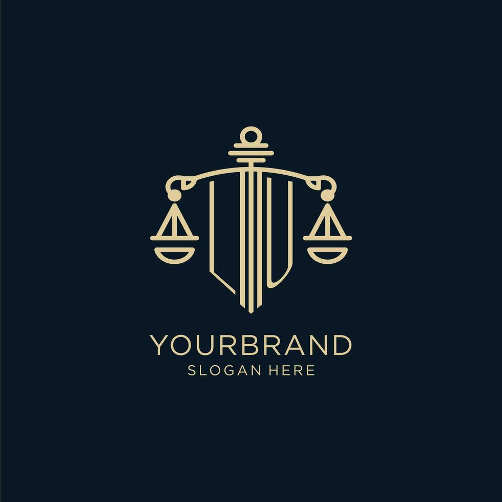 Initial LU logo with shield and scales of justice, luxury and modern law firm logo design vector