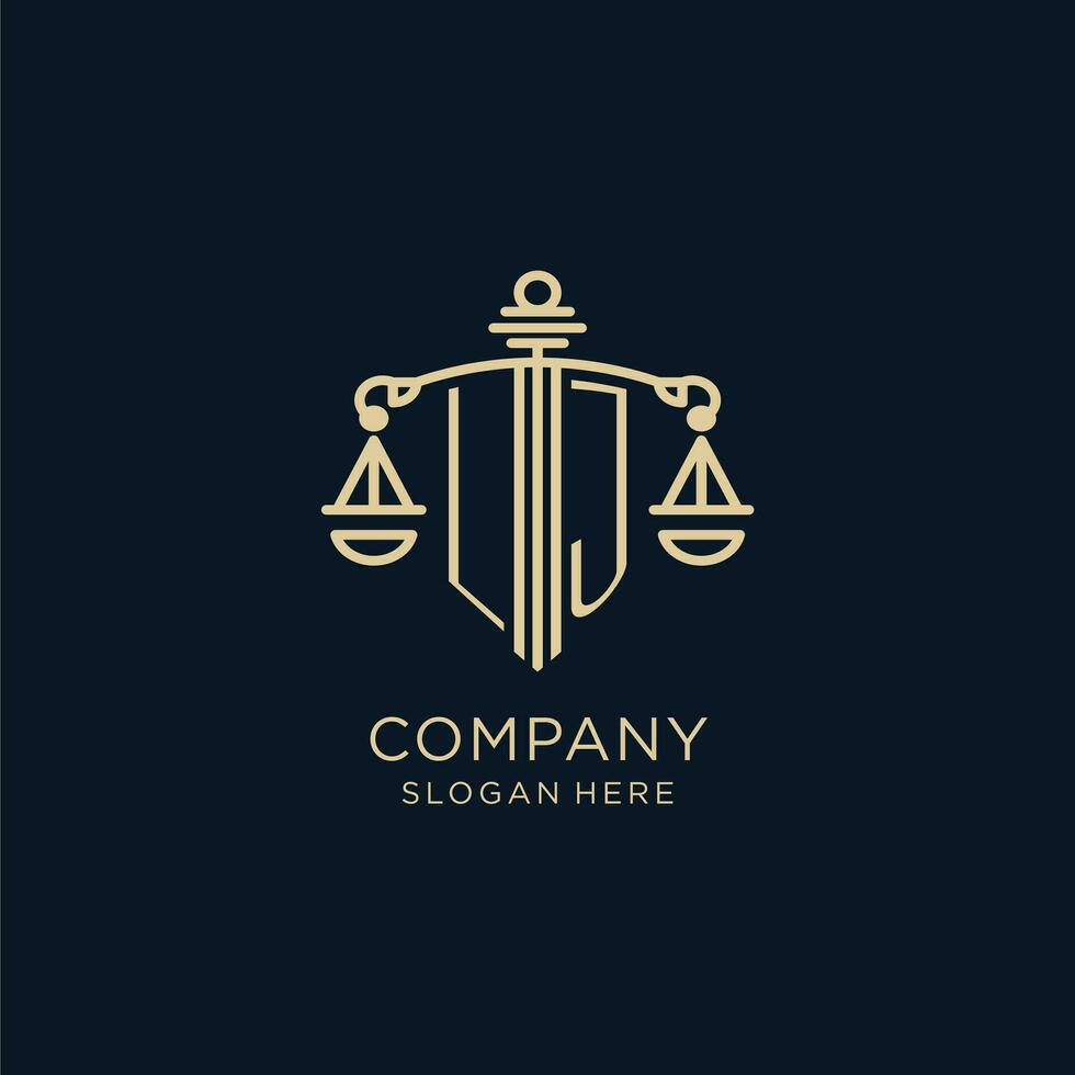 Initial LJ logo with shield and scales of justice, luxury and modern law firm logo design vector