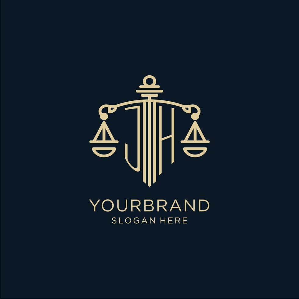 Initial JH logo with shield and scales of justice, luxury and modern law firm logo design vector