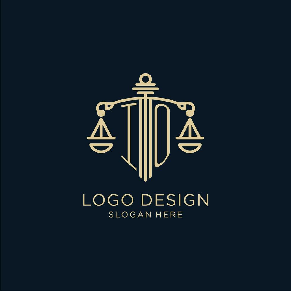 Initial IO logo with shield and scales of justice, luxury and modern law firm logo design vector