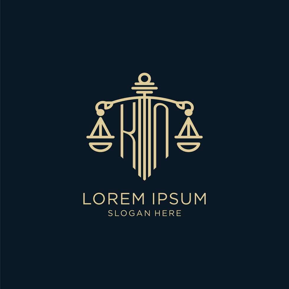 Initial KN logo with shield and scales of justice, luxury and modern law firm logo design vector