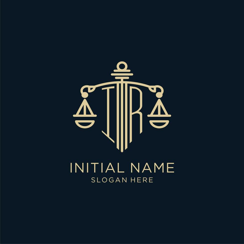 Initial IR logo with shield and scales of justice, luxury and modern law firm logo design vector