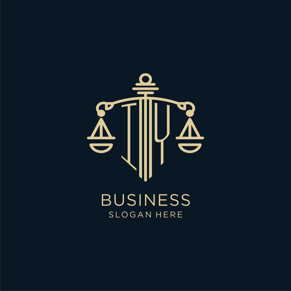 Initial IY logo with shield and scales of justice, luxury and modern law firm logo design vector