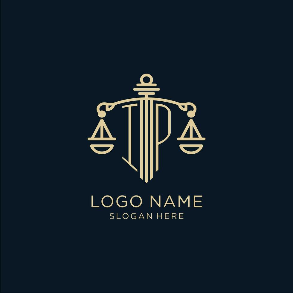 Initial IP logo with shield and scales of justice, luxury and modern law firm logo design vector