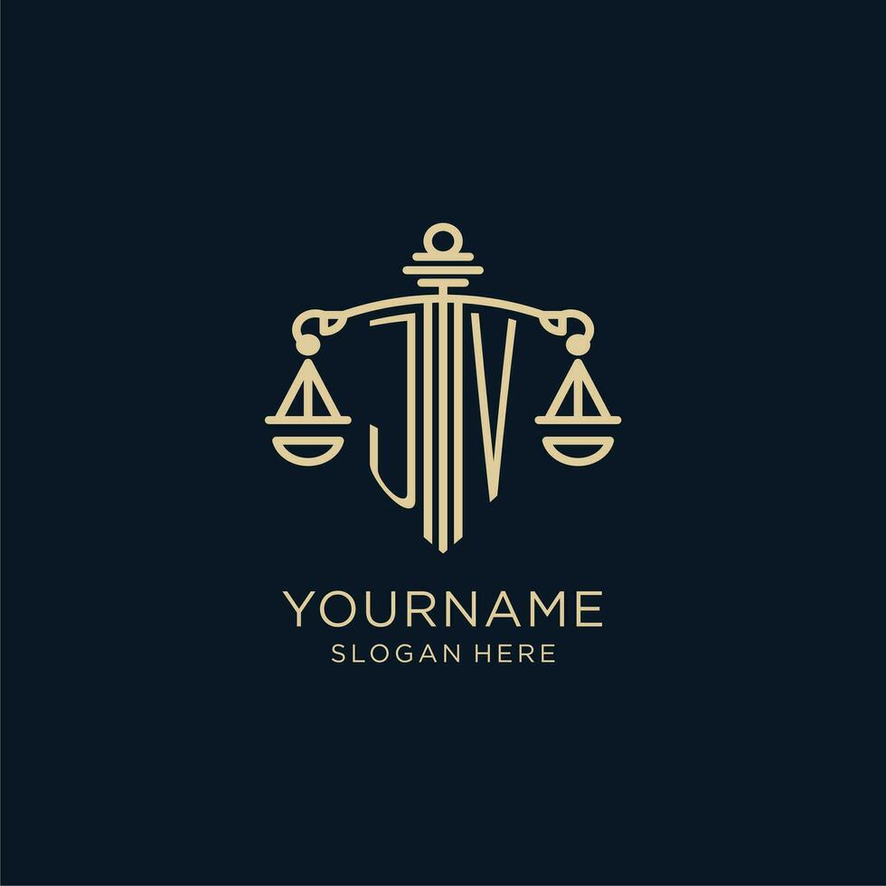 Initial JV logo with shield and scales of justice, luxury and modern law firm logo design vector