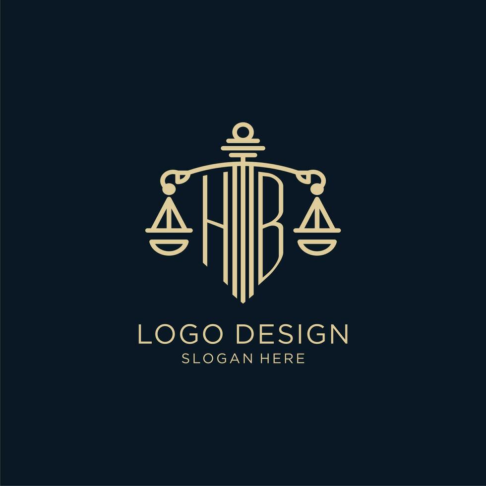 Initial HB logo with shield and scales of justice, luxury and modern law firm logo design vector