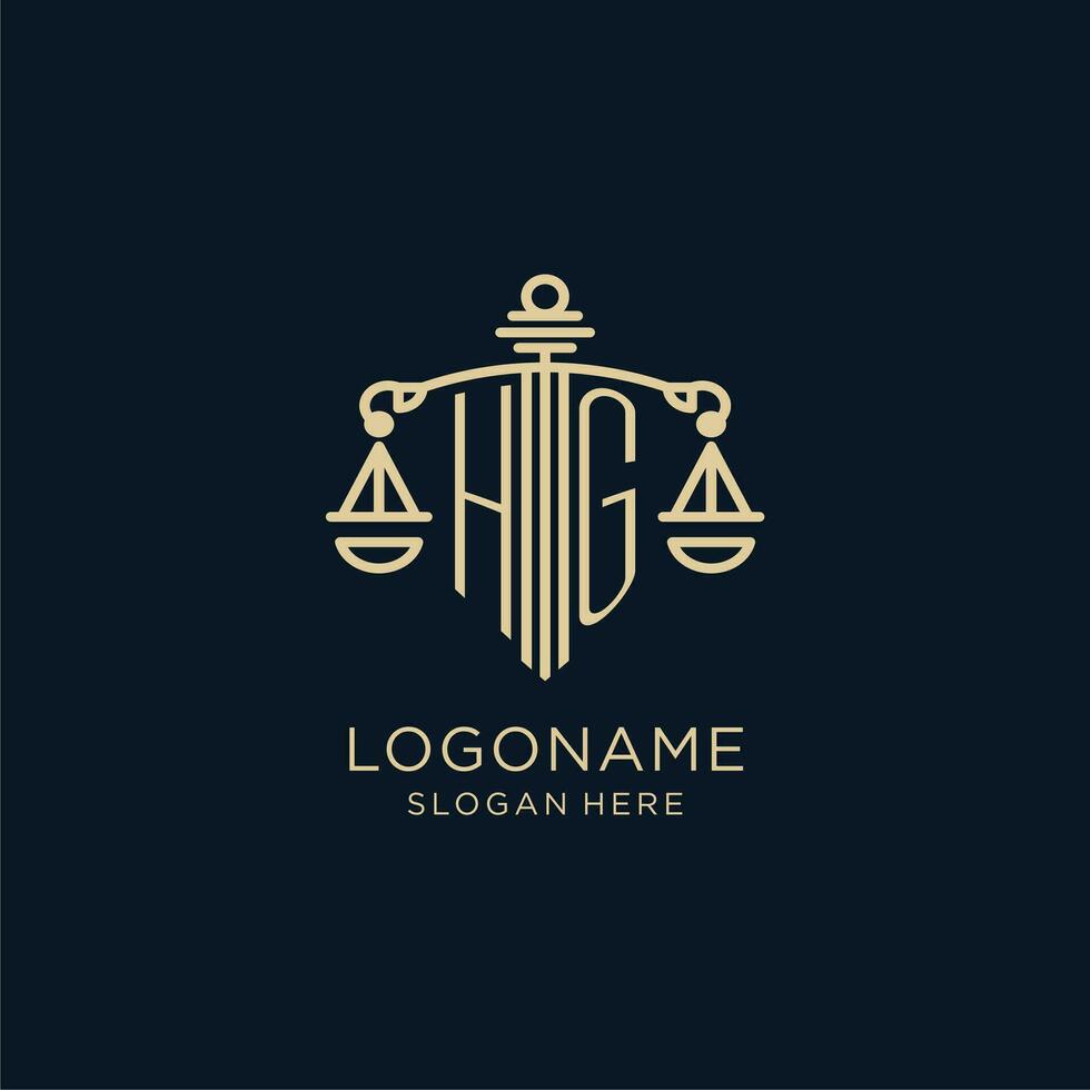 Initial HG logo with shield and scales of justice, luxury and modern law firm logo design vector