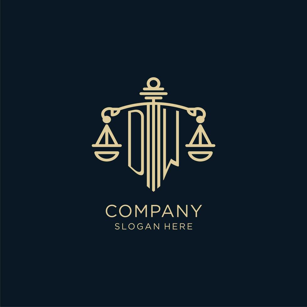 Initial DW logo with shield and scales of justice, luxury and modern law firm logo design vector