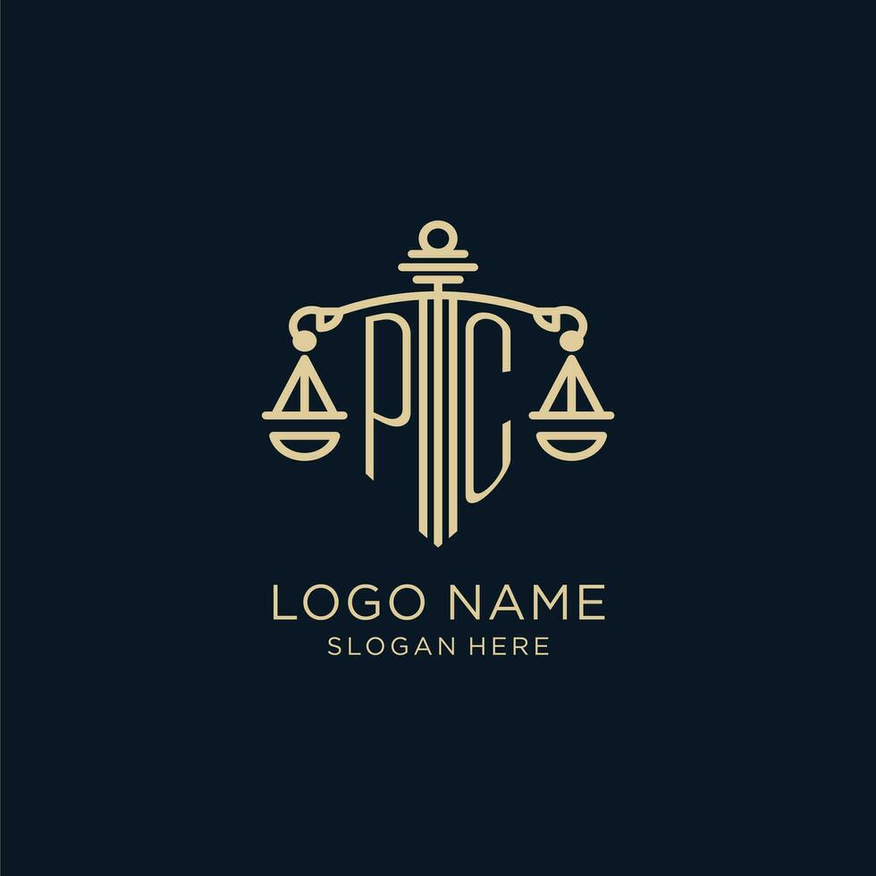 Initial PC logo with shield and scales of justice, luxury and modern law firm logo design vector