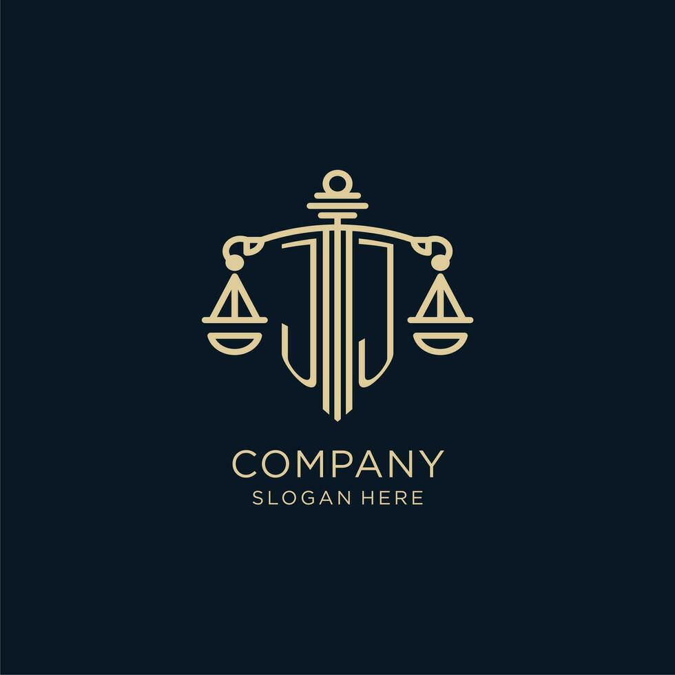 Initial JJ logo with shield and scales of justice, luxury and modern law firm logo design vector