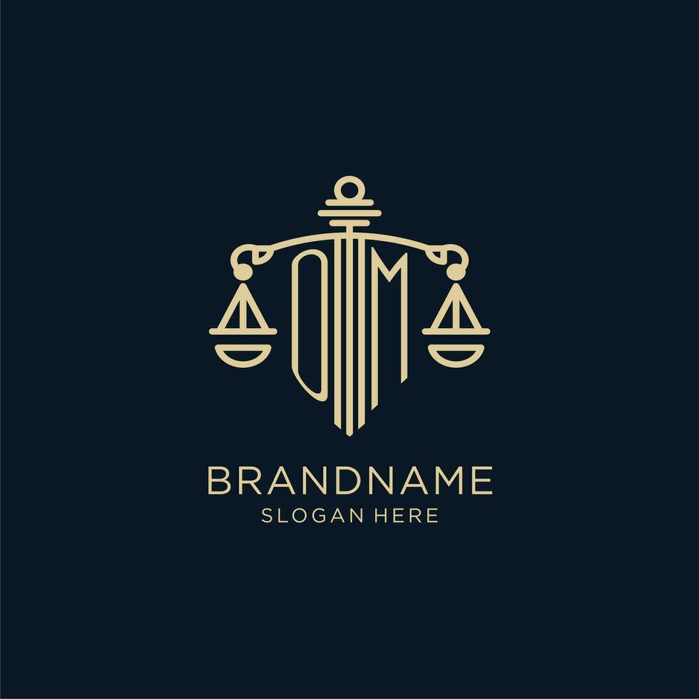 Initial OM logo with shield and scales of justice, luxury and modern law firm logo design vector