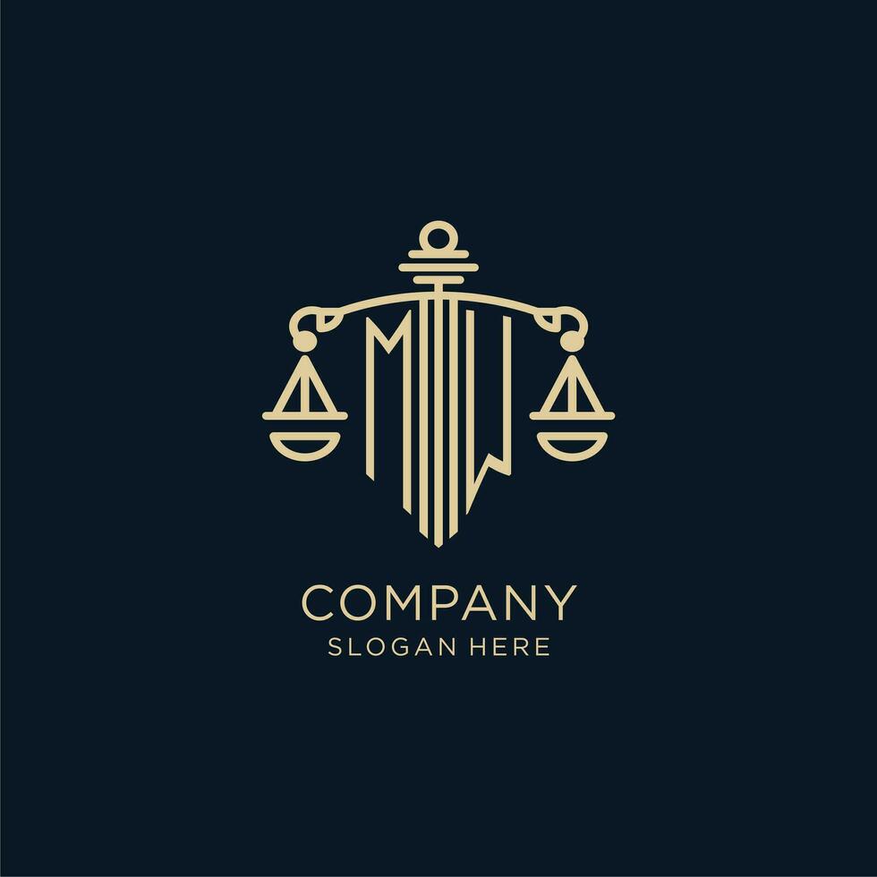 Initial MW logo with shield and scales of justice, luxury and modern law firm logo design vector