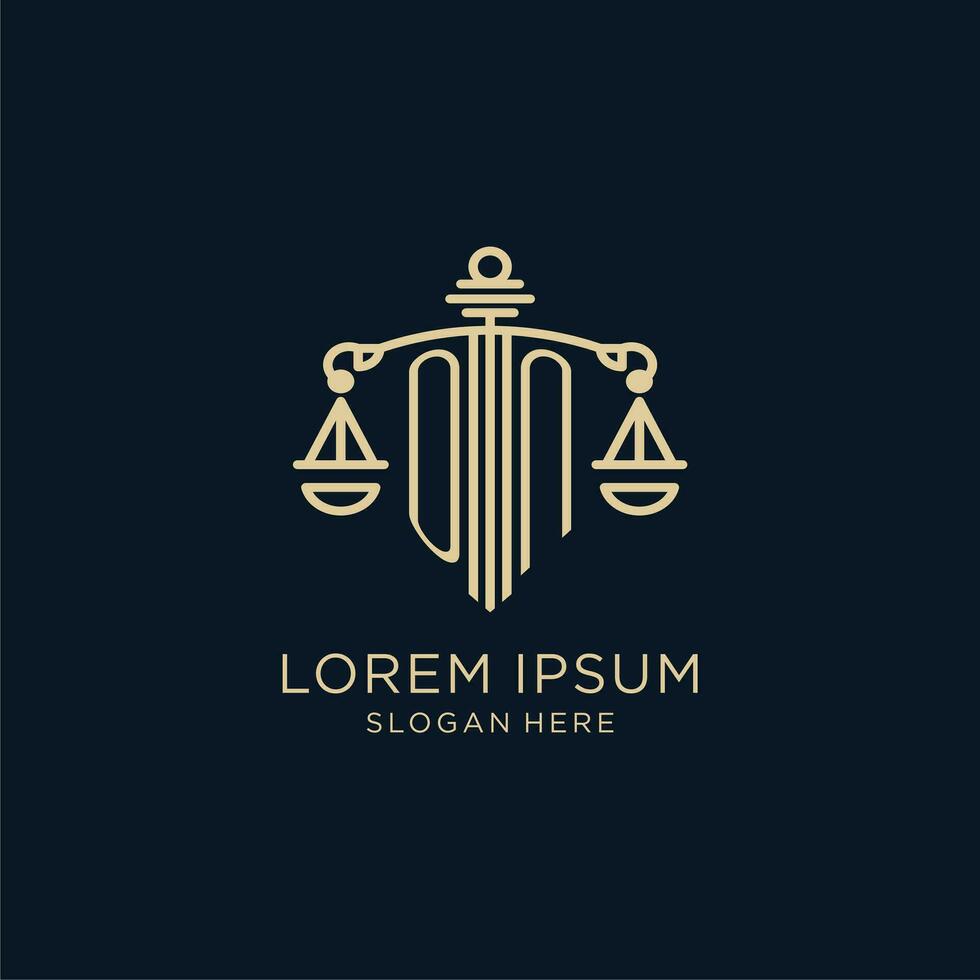 Initial ON logo with shield and scales of justice, luxury and modern law firm logo design vector