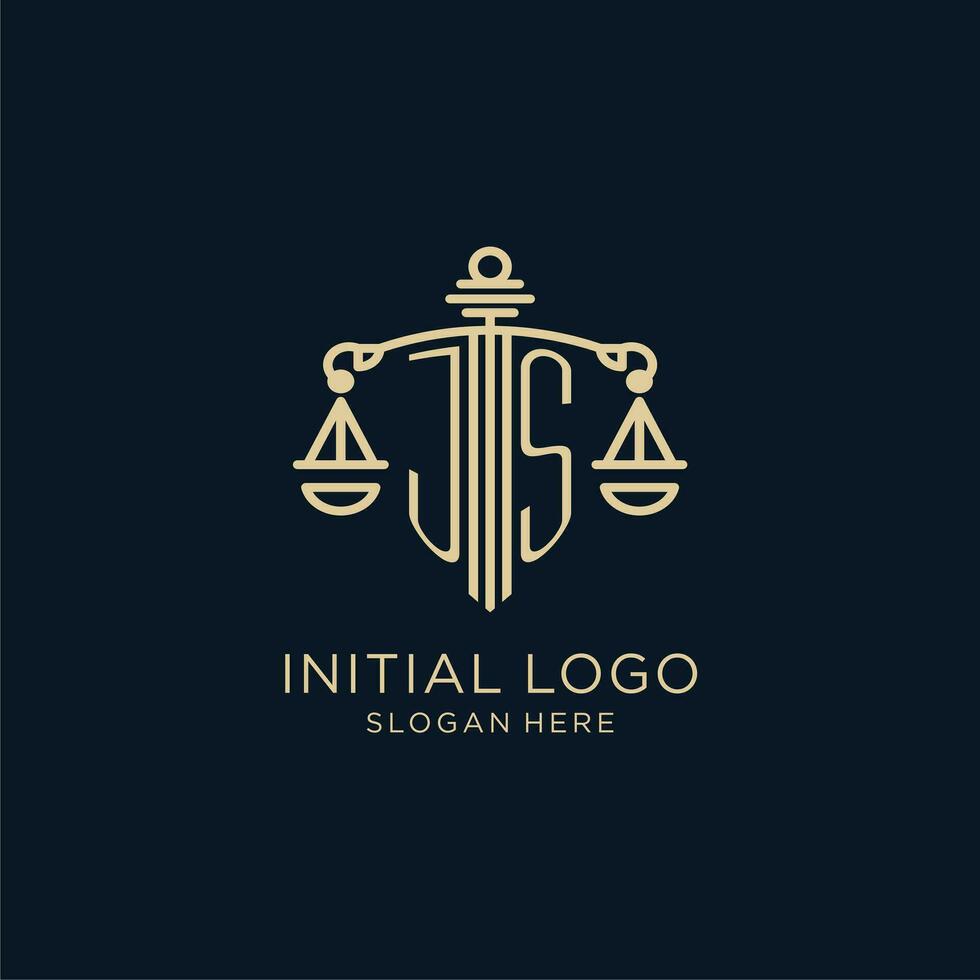 inicial js logo con proteger y escamas de justicia, lujo y moderno ley firma logo diseño vector