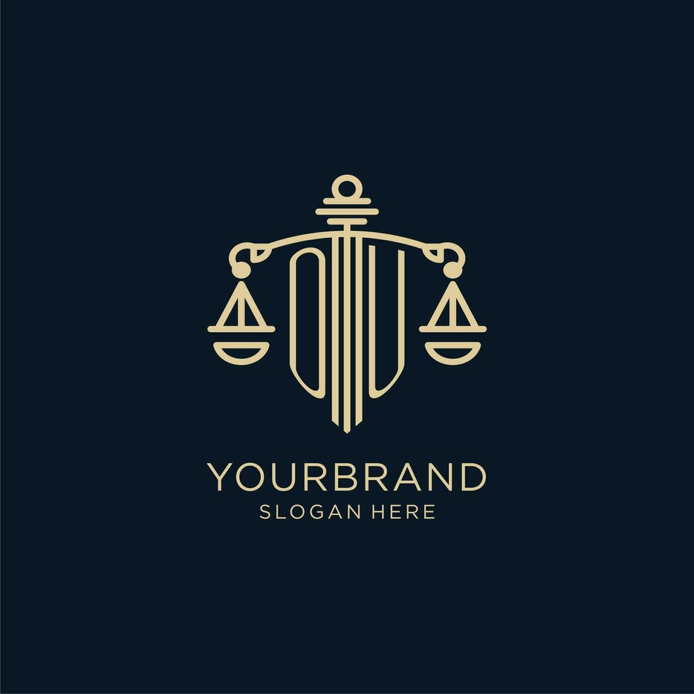 Initial OU logo with shield and scales of justice, luxury and modern law firm logo design vector