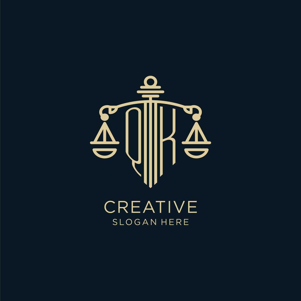 Initial QK logo with shield and scales of justice, luxury and modern law firm logo design vector
