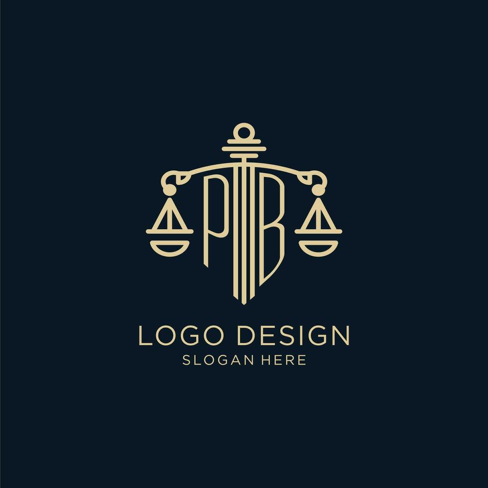 Initial PB logo with shield and scales of justice, luxury and modern law firm logo design vector
