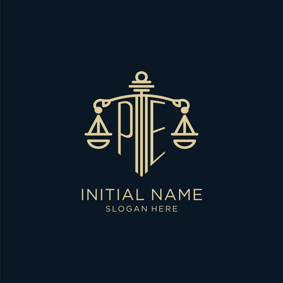 Initial PE logo with shield and scales of justice, luxury and modern law firm logo design vector